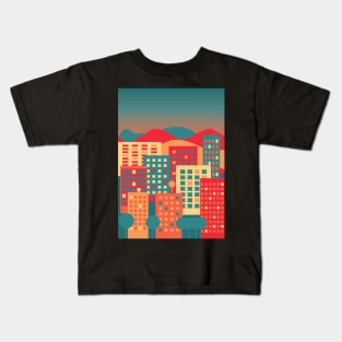 Warm colors illustration of a cityscape at night Kids T-Shirt